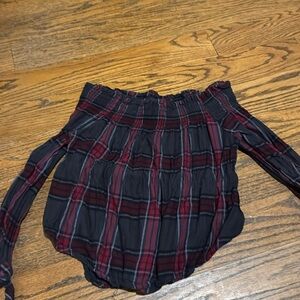 RD Style off the shoulder flannel top with tie sleeves